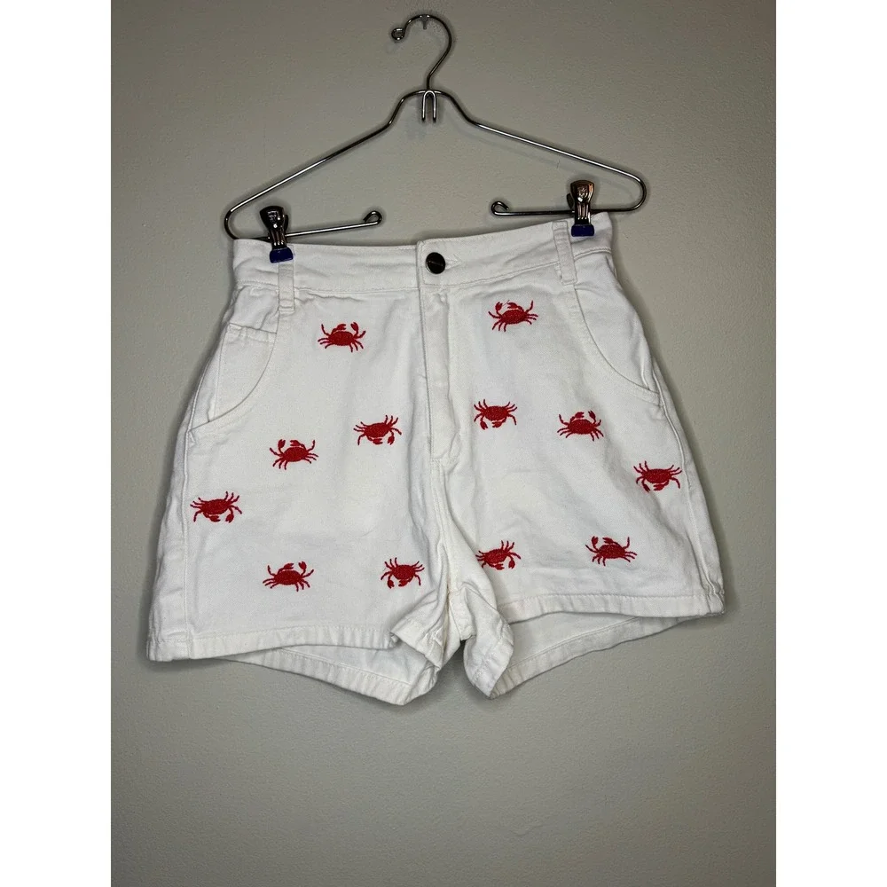 Shoulder White Crab Embroidered Denim Shorts High Rise Size‎ 38